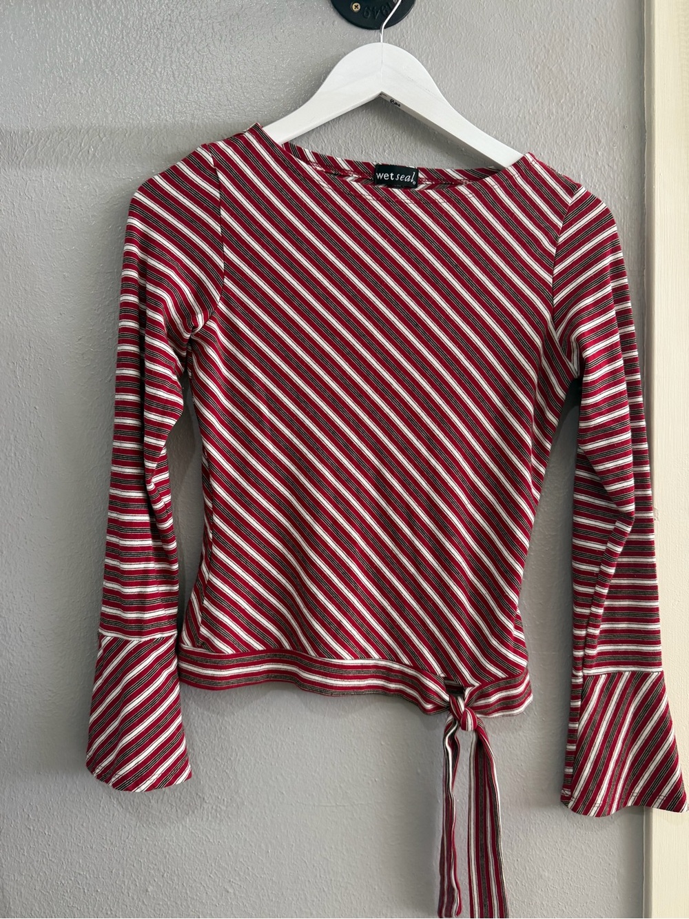 Wet Seal Red and White Diagonal Stripe Long Sleeve Tie-Waist Top